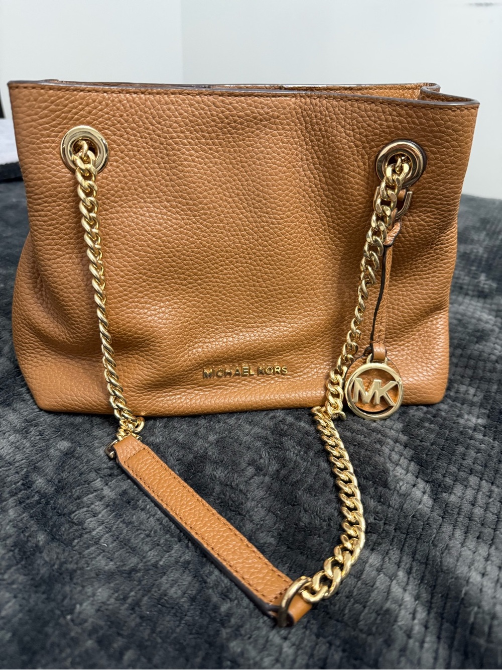 Michael Kors Cognac Pebbled Leather Shoulder Tote with Gold Chain